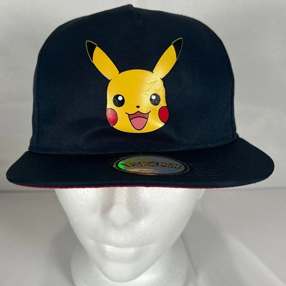 HM Pokemon Pikachu Navy Blue Snapback Hat Size 8-12Y Flat Brim Red Underbill